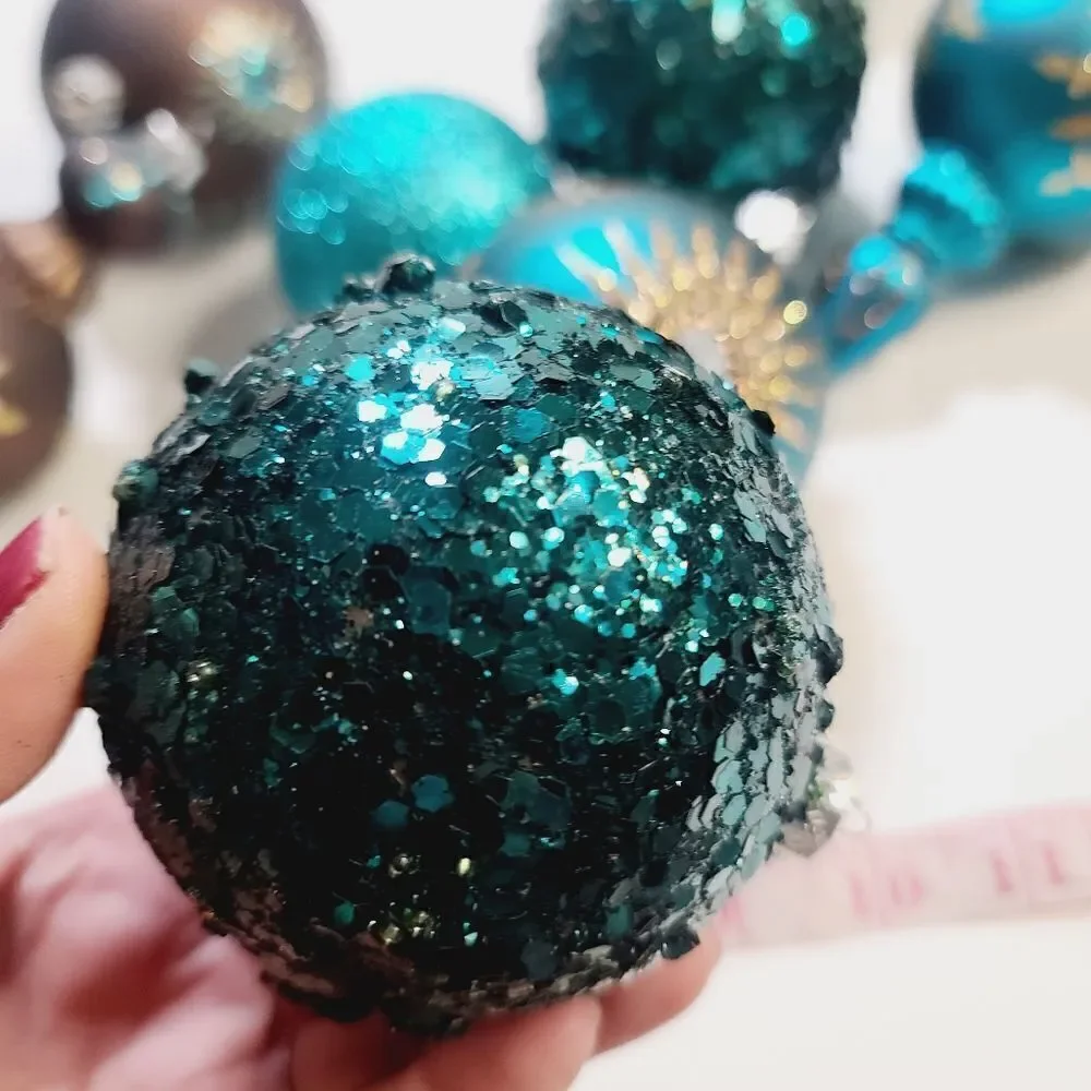 Bundle lot of Blue Gold Brown Glitter Christmas Ornaments